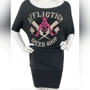 Affliction Dress Women's Size M Black Gathered Drop shoulder Black Premium NWT